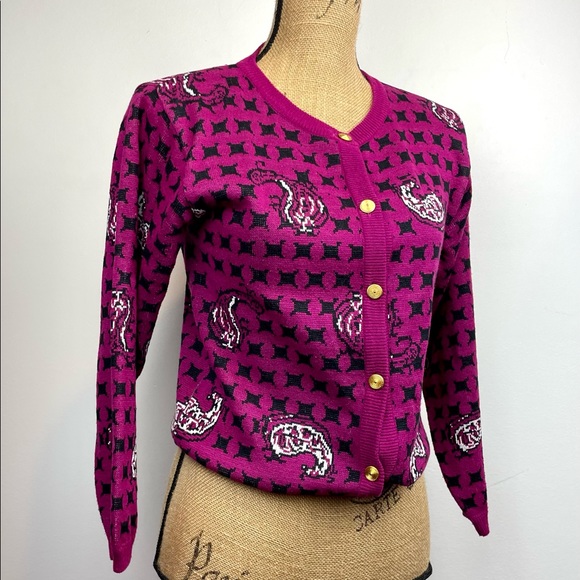 Vintage Eatons Cardigan Paisley Purple Black Knit Womens Petite Size Small - Picture 2 of 10